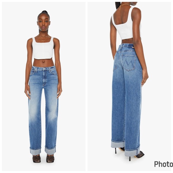 MOTHER The Dodger Simp Cuff‎ Music Is The Medium Blue Denim Jeans Sz 32 Straight - Picture 1 of 9